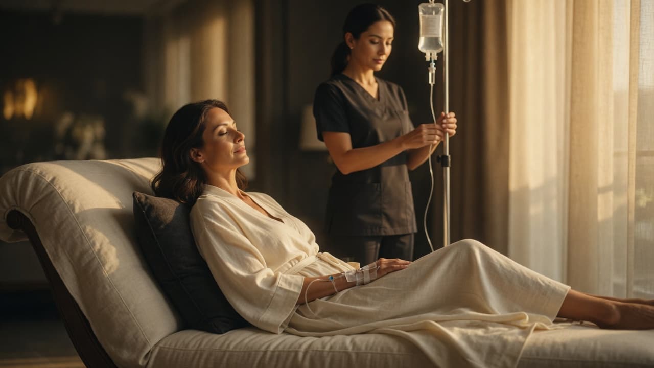 A calm, light-filled room where a client receives IV wellness therapy at home, resting comfortably.