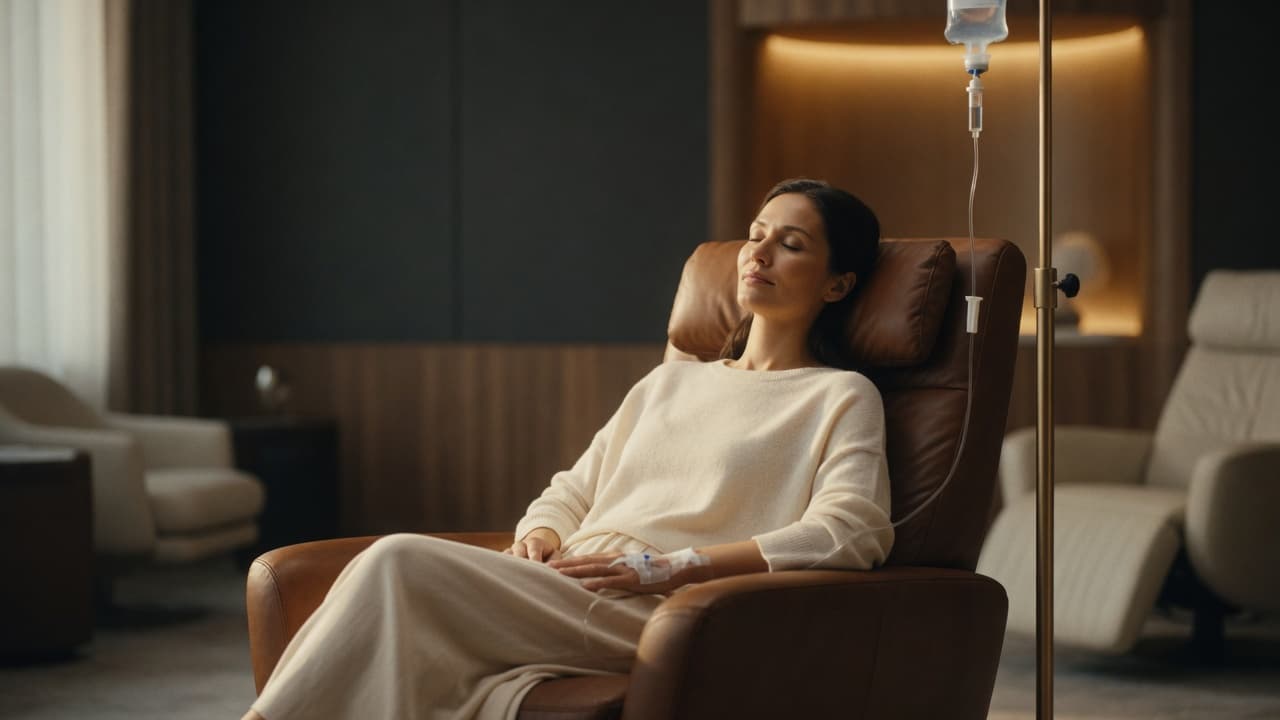 A serene wellness lounge with soft neutral tones, where clients rest during an IV drip session.